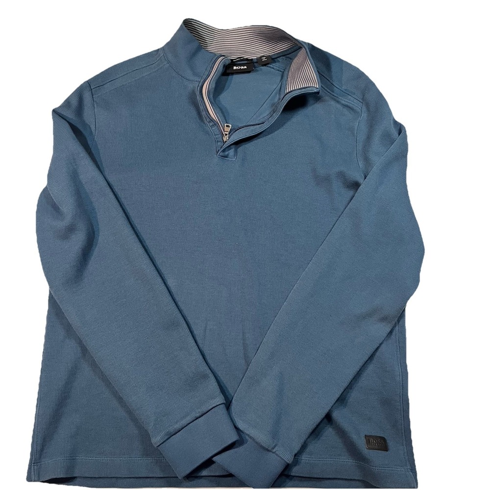 Hugo Boss Mens 1/4‎ Zip Sweater Medium Blue Pullover Long Sleeve Soft